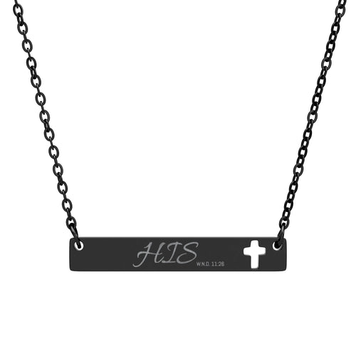 Cutout Cross Bar Necklace — Engraved "HIS" Religious Pendant