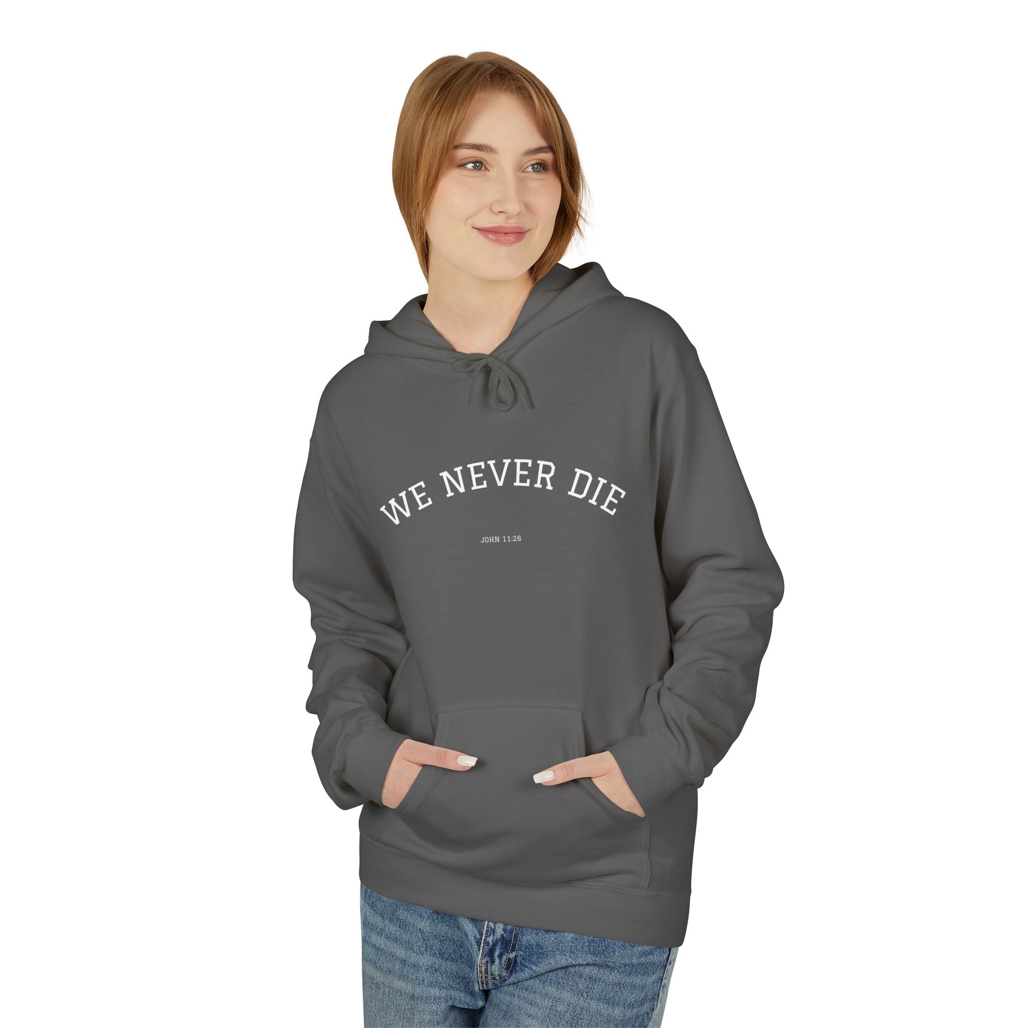 We Never Die Hoodie — Vintage Angel Graphic Spiritual Comfort Pullover