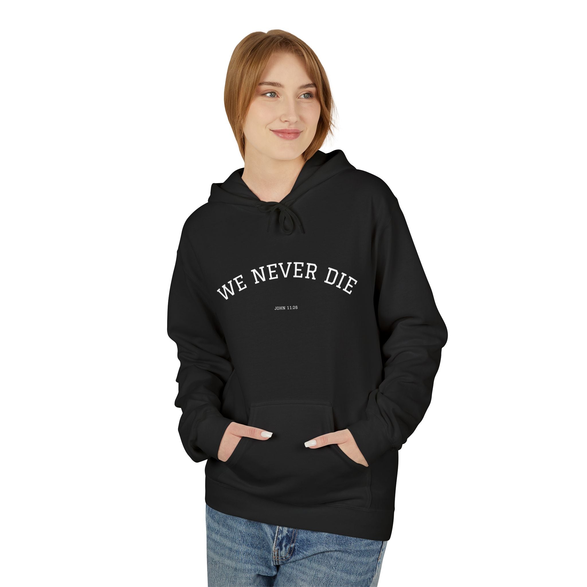 We Never Die Hoodie — Vintage Angel Graphic Spiritual Comfort Pullover