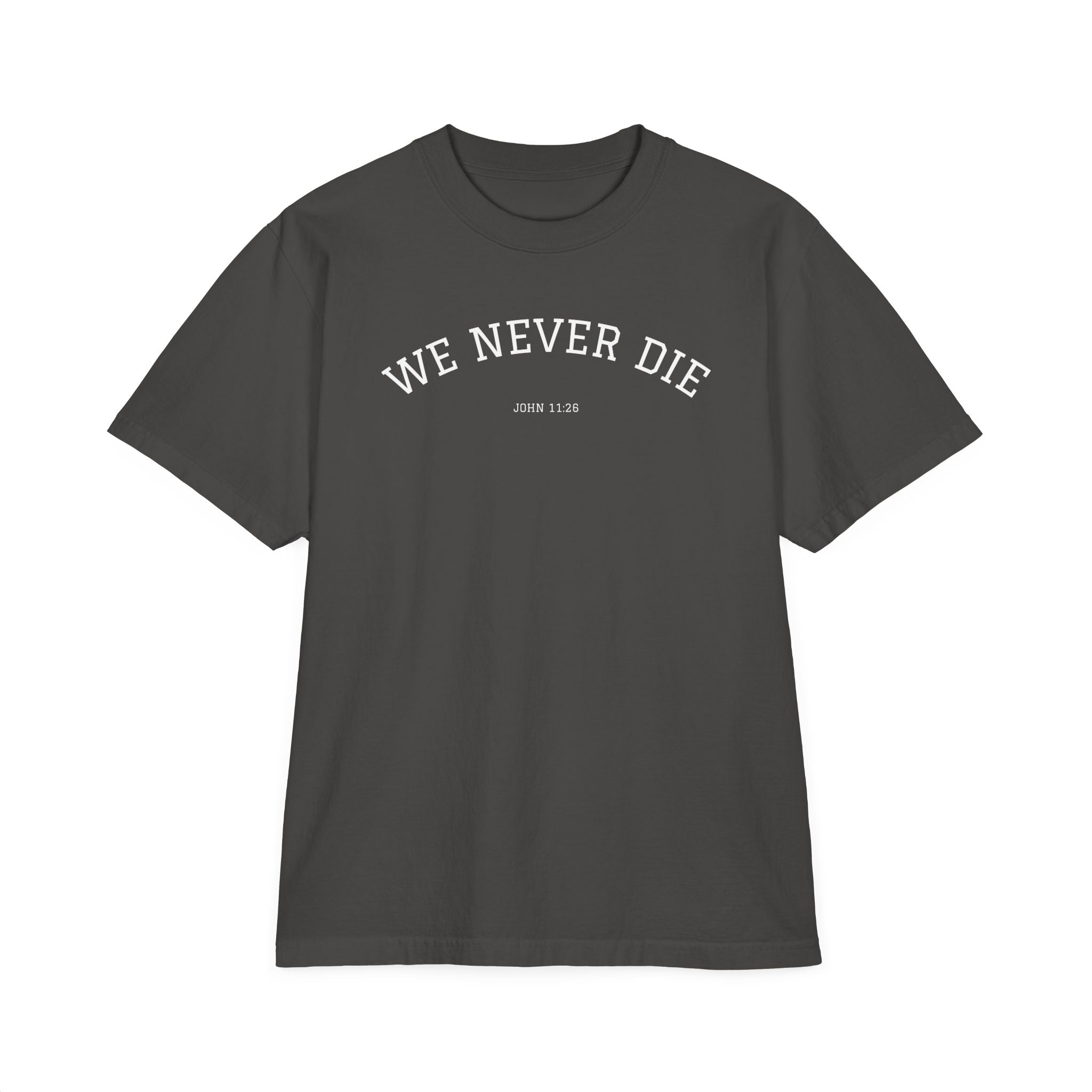 We Never Die T-Shirt — Minimalist Vintage Script Tee