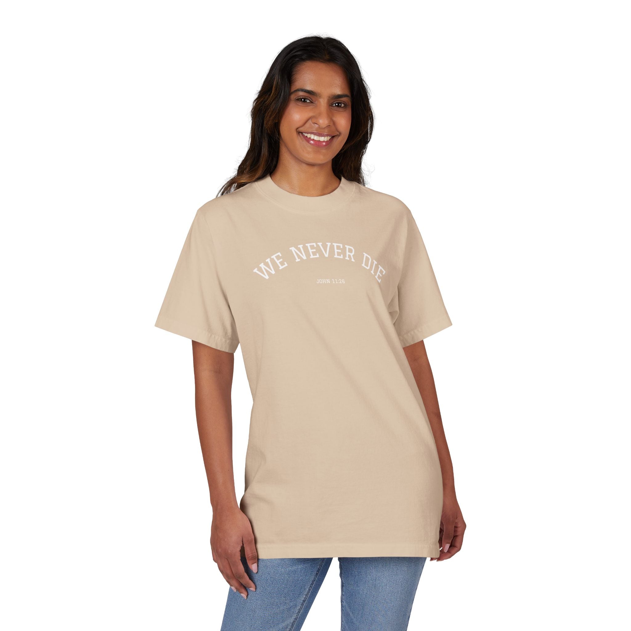 We Never Die T-Shirt — Minimalist Vintage Script Tee