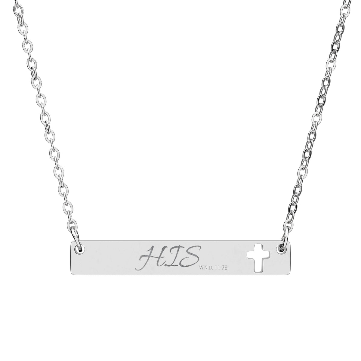 Cutout Cross Bar Necklace — Engraved "HIS" Religious Pendant