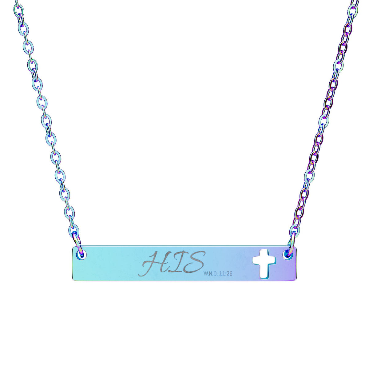 Cutout Cross Bar Necklace — Engraved "HIS" Religious Pendant