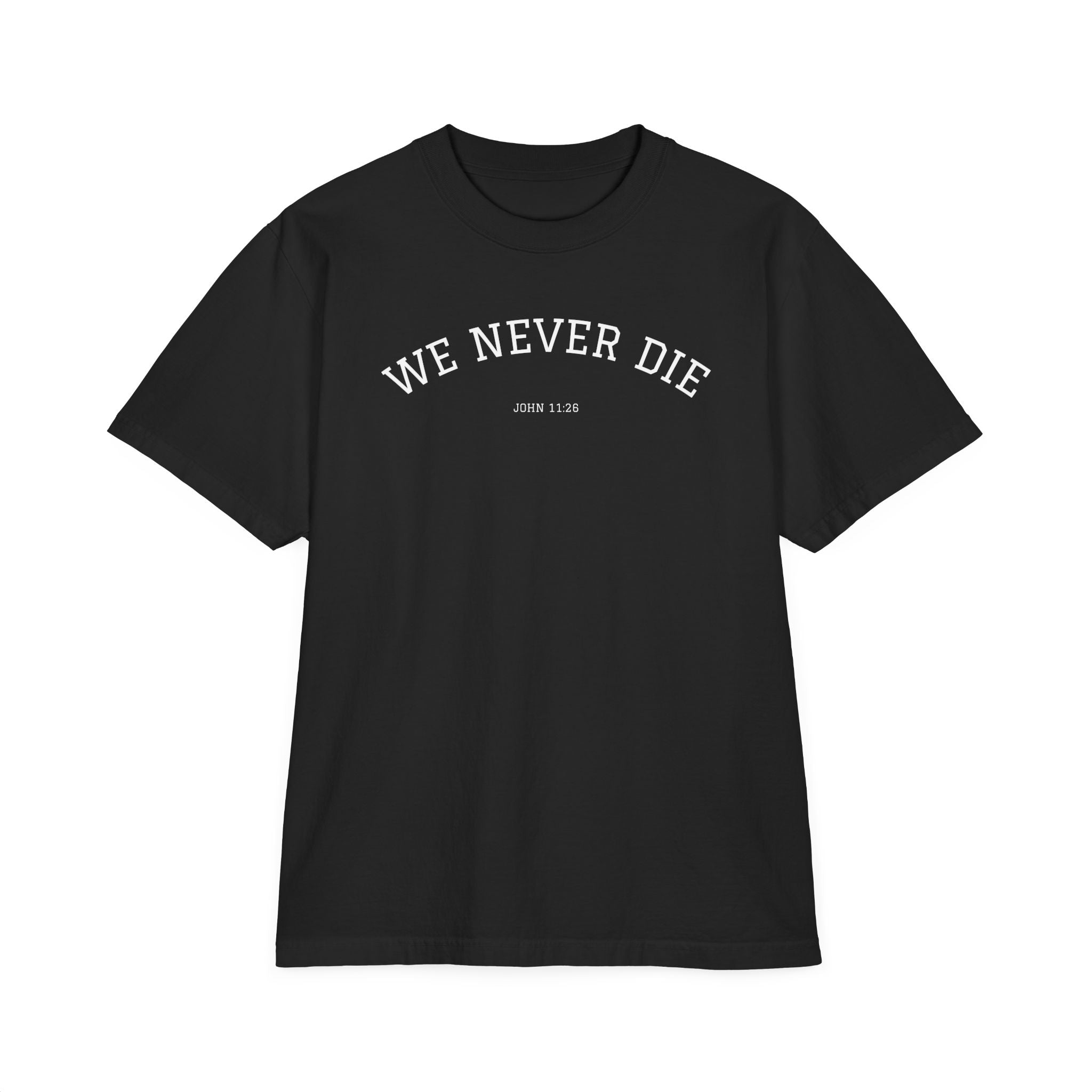 We Never Die T-Shirt — Minimalist Vintage Script Tee